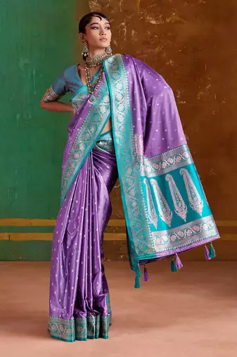 lavender satin handloom weaving silk with contrast border and pallu