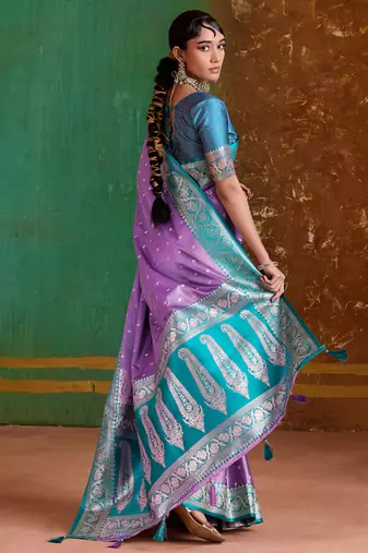 lavender satin handloom weaving silk with contrast border and pallu