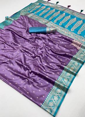 lavender satin handloom weaving silk with contrast border and pallu 5