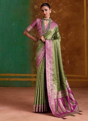 olive satin handloom weaving silk with contrast border and pallu 1