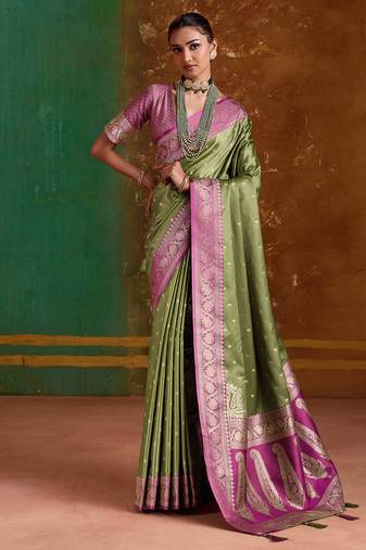 olive satin handloom weaving silk with contrast border and pallu
