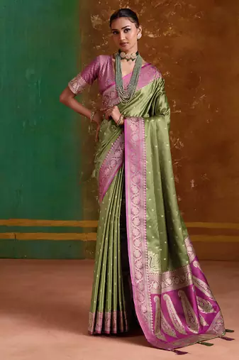 olive satin handloom weaving silk with contrast border and pallu