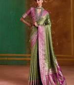 olive satin handloom weaving silk with contrast border and pallu