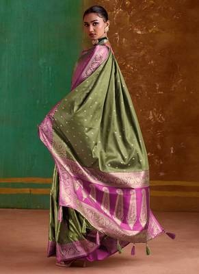 olive satin handloom weaving silk with contrast border and pallu 2