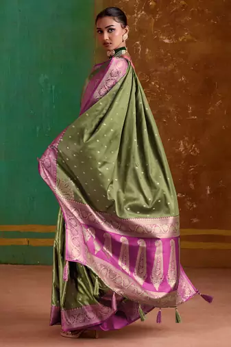 olive satin handloom weaving silk with contrast border and pallu