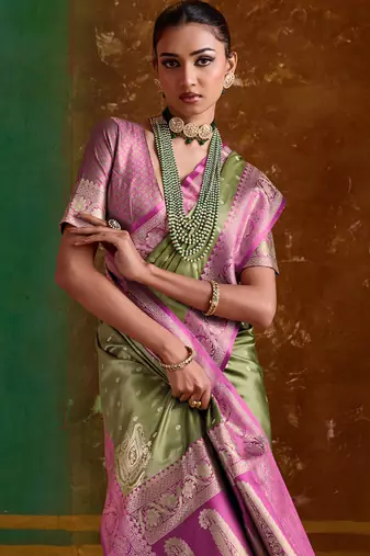olive satin handloom weaving silk with contrast border and pallu