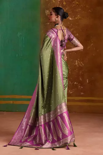 olive satin handloom weaving silk with contrast border and pallu