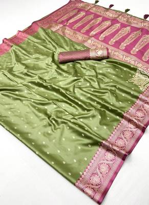 olive satin handloom weaving silk with contrast border and pallu 5