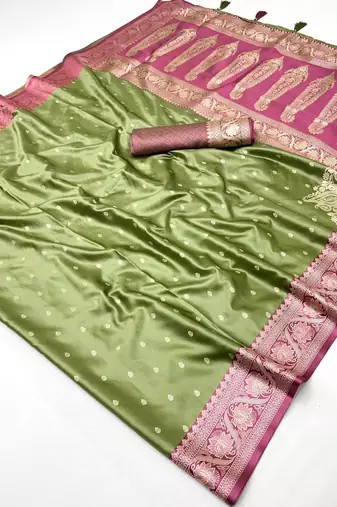 olive satin handloom weaving silk with contrast border and pallu