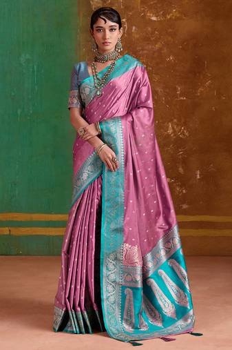 onion pink satin handloom weaving silk with contrast border and pallu