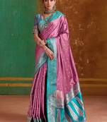 onion pink satin handloom weaving silk with contrast border and pallu