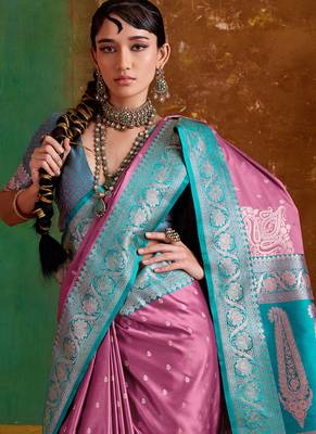 onion pink satin handloom weaving silk with contrast border and pallu 4