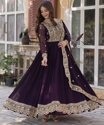 Wine georgette embroidered gown with dupatta 5