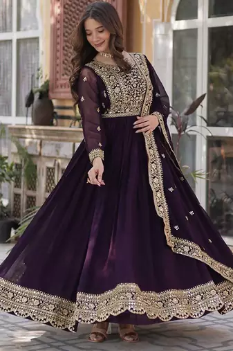 Wine georgette embroidered gown with dupatta