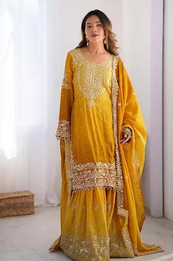 Mustard yellow zari work salwar kameez