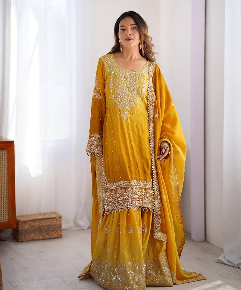 Mustard yellow zari work salwar kameez