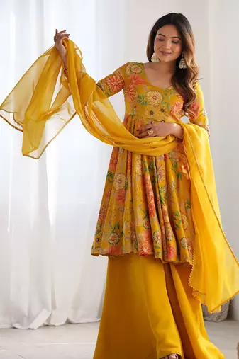 Mustard floral anarkali with palazzo set