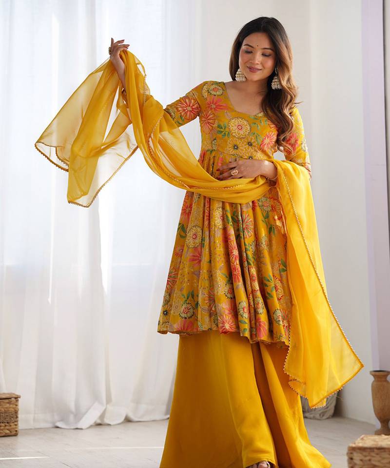Mustard floral anarkali with palazzo set
