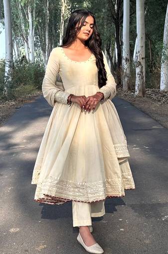 Cream cotton anarkali with mirror work
