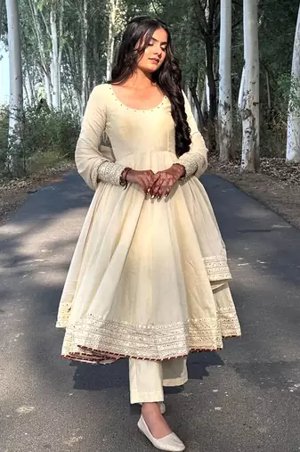Cream cotton anarkali with mirror work