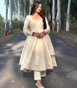 Cream cotton anarkali with mirror work