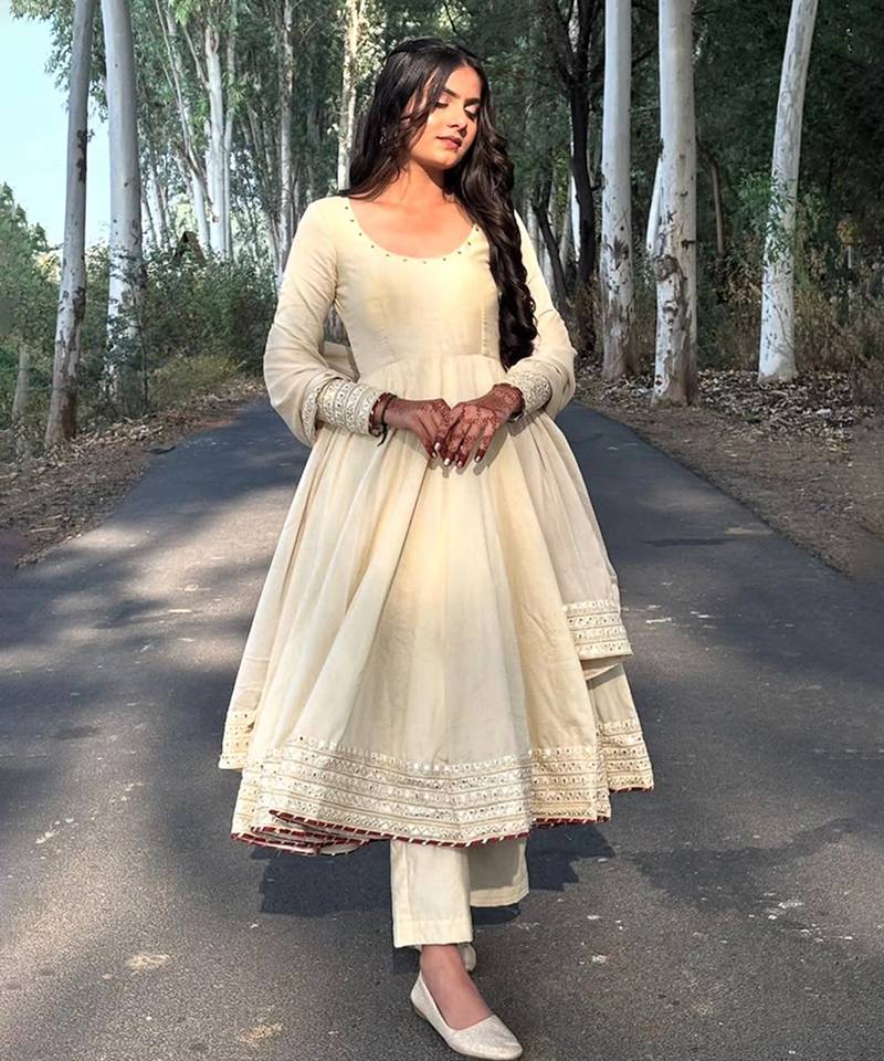 Cream cotton anarkali with mirror work