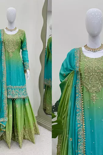 Sea green and lime ombre gharara suit