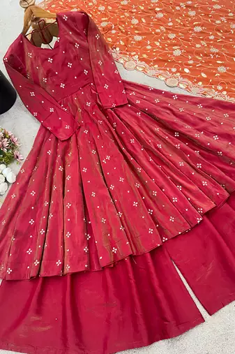 Ruby red tiered anarkali set