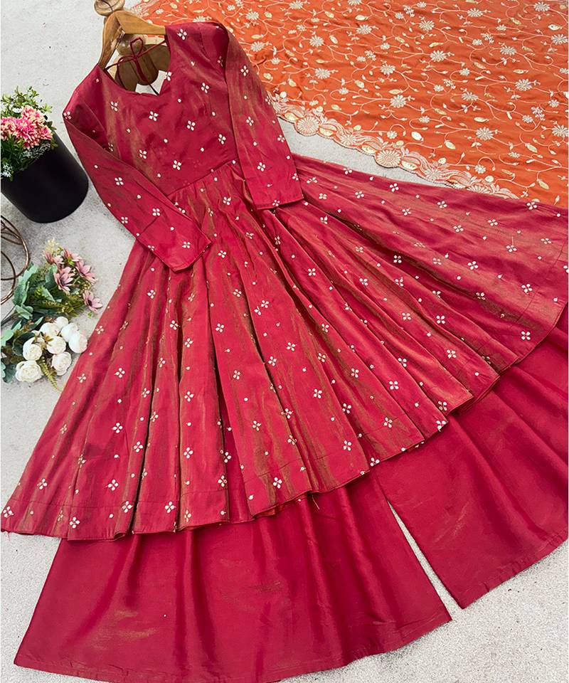 Ruby red tiered anarkali set