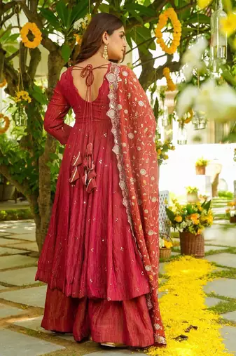 Ruby red tiered anarkali set