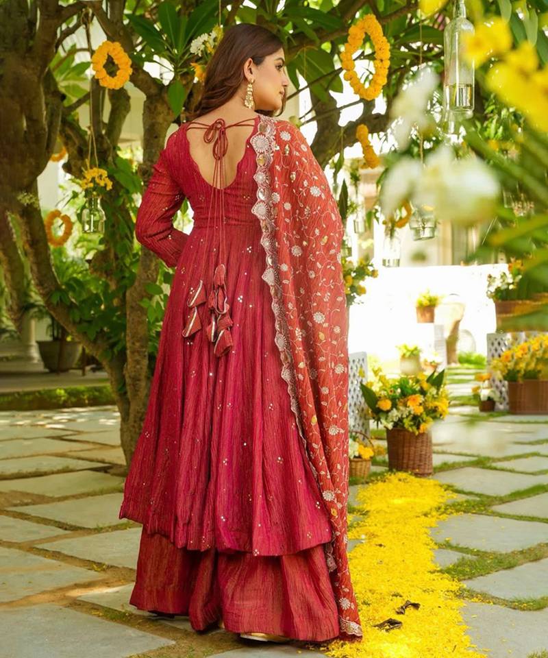 Ruby red tiered anarkali set