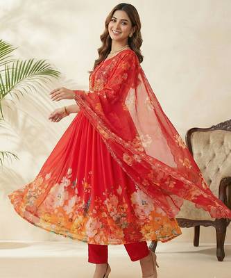 Red floral anarkali with embroidered yoke 5