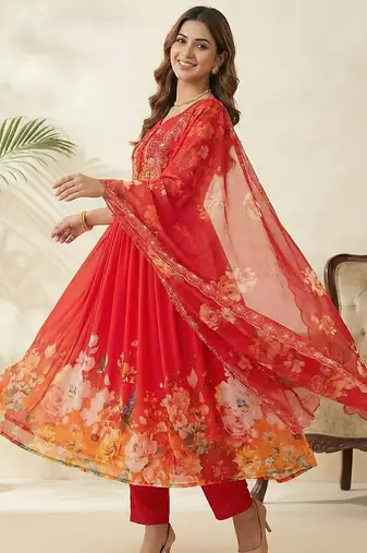 Red floral anarkali with embroidered yoke