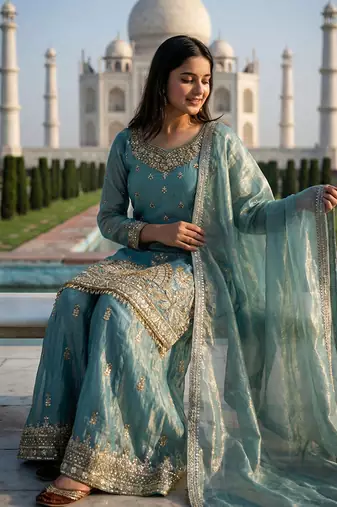 Seafoam green zari embroidered suit