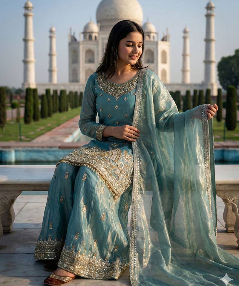 Seafoam green zari embroidered suit