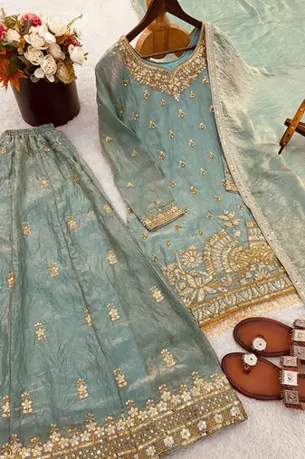 Seafoam green zari embroidered suit