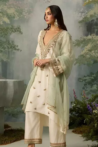 Pearl white v-neck silk blend set