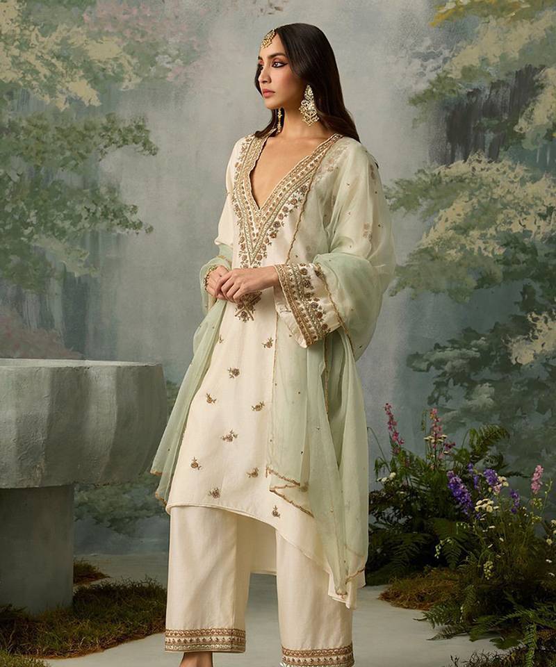 Pearl white v-neck silk blend set