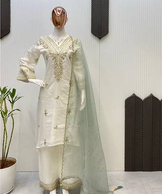 Pearl white v-neck silk blend set 6