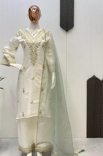 Pearl white v-neck silk blend set