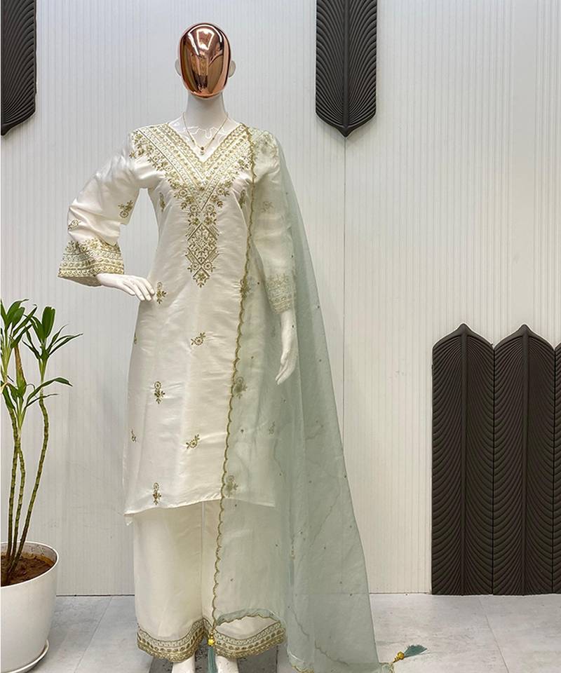 Pearl white v-neck silk blend set