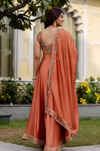 Rust orange silk blend embroidered suit
