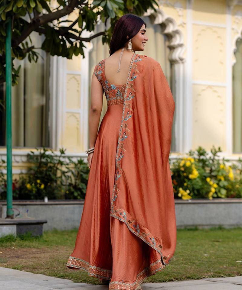 Rust orange silk blend embroidered suit