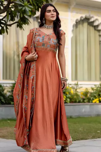 Rust orange silk blend embroidered suit