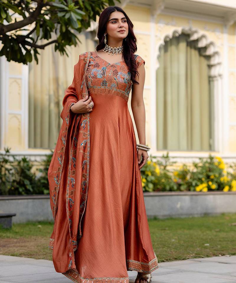 Rust orange silk blend embroidered suit