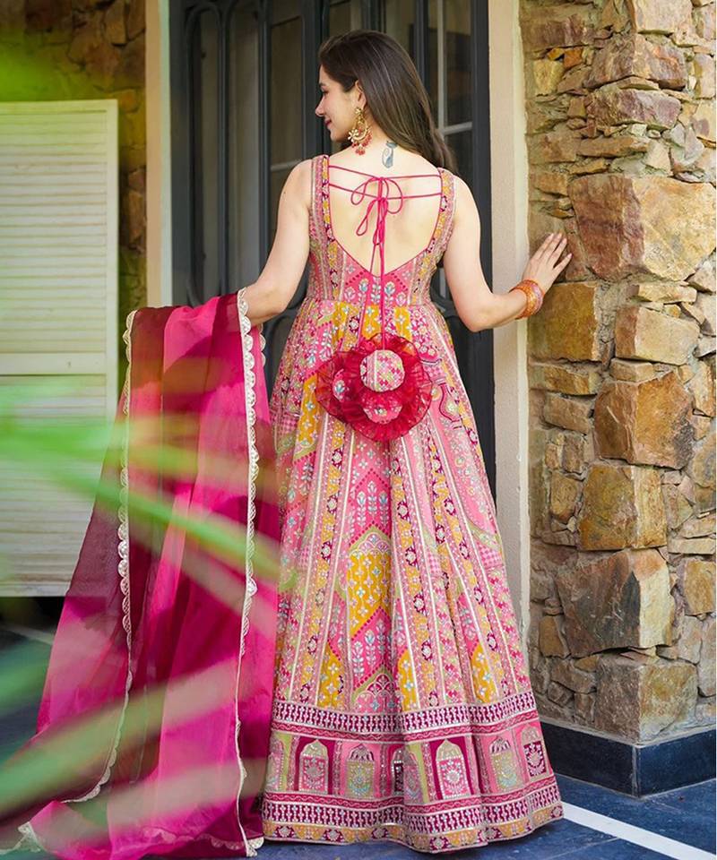 Pink multi-patterned festive lehenga