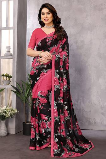 pink floral georgette saree with lace border & blouse piece