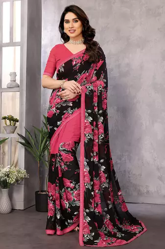 pink floral georgette saree with lace border & blouse piece