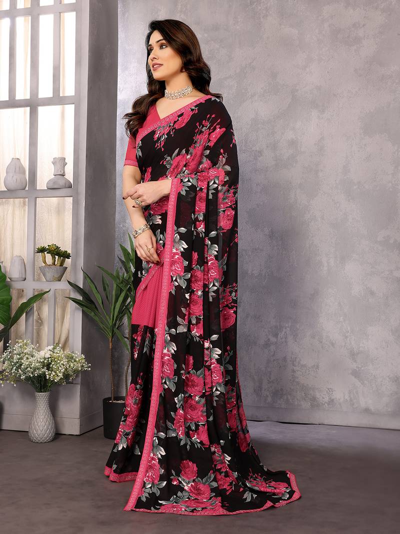 pink floral georgette saree with lace border & blouse piece