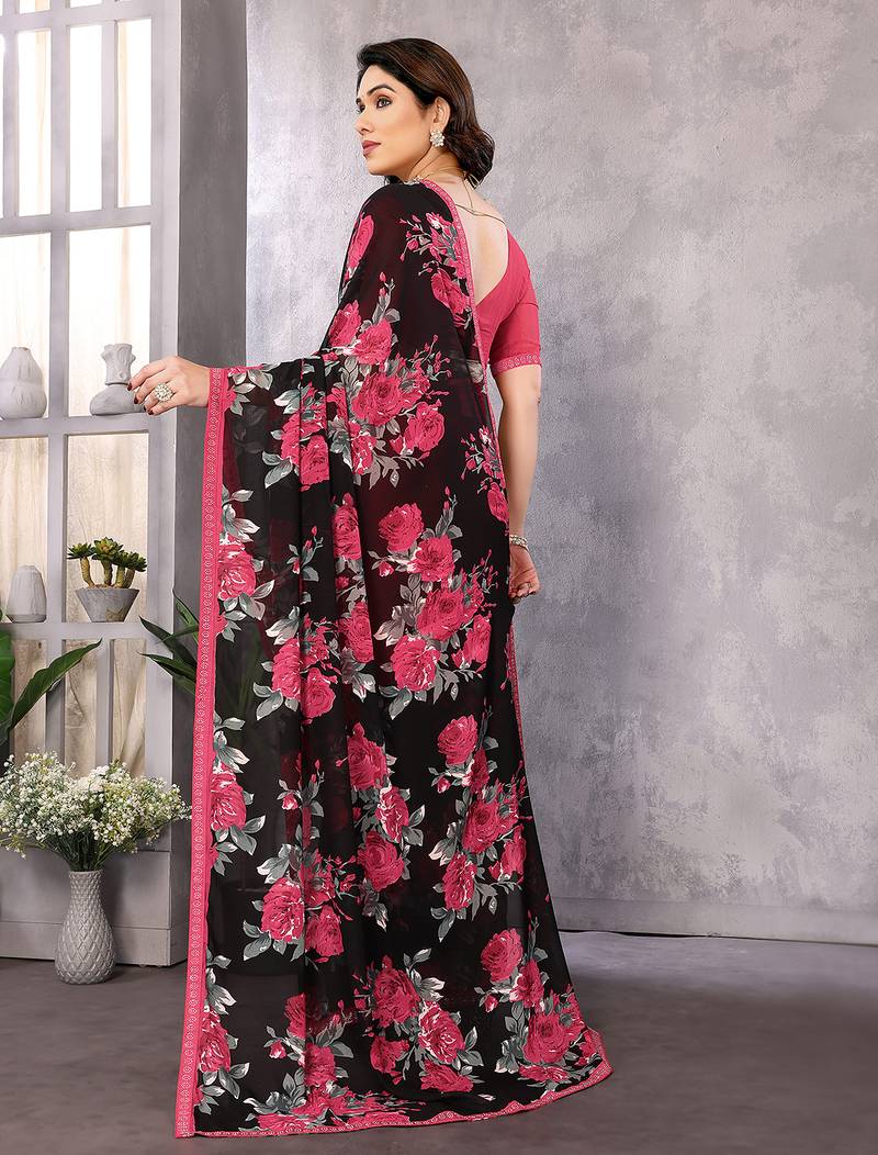 pink floral georgette saree with lace border & blouse piece